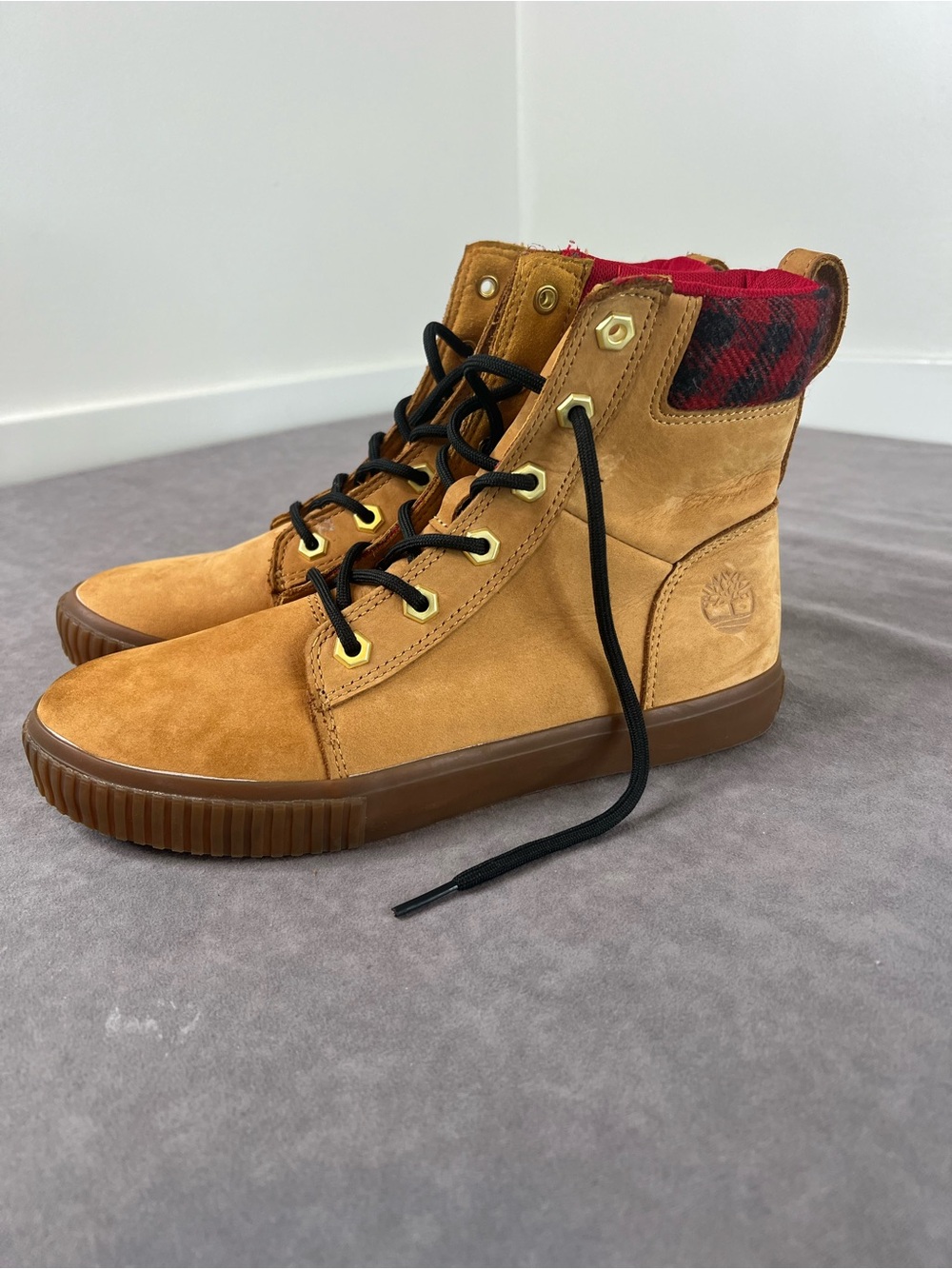 Timberland Kids Wheat Suede High-Top Boots with Red Plaid Collar